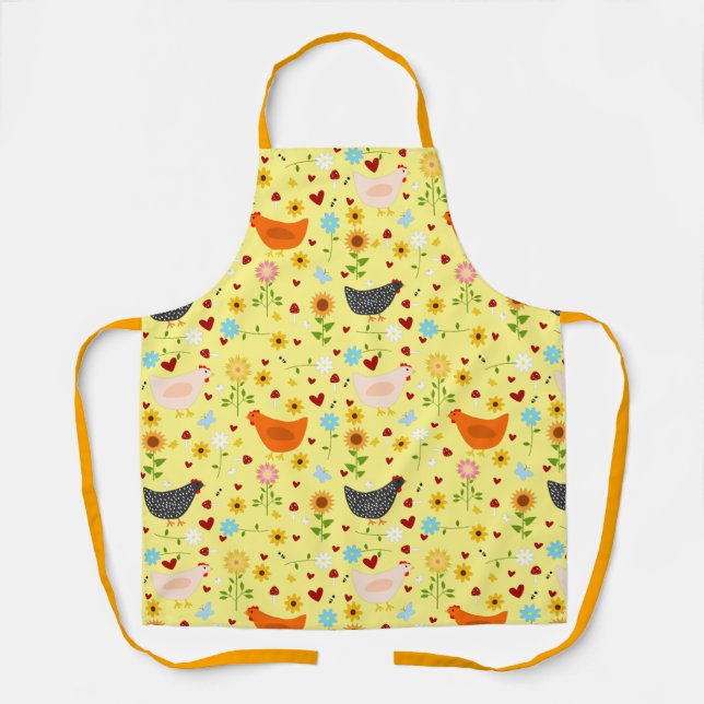 Tablier Poulets dans le jardin, avec fleurs, et insectes (Recto)