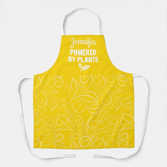 Tablier Powered by plante Vegan fleuri jaune avec nom (Recto)