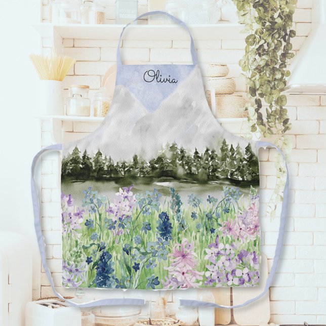 Tablier Prairie de fleurs bleues violettes à l'aquarelle s (In situ kitchen)