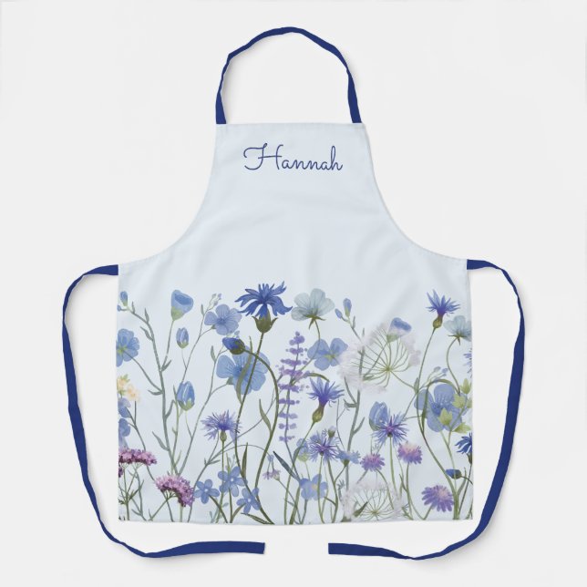 Tablier Pré à fleurs sauvages aquarelle bleu monogrammé (Recto)