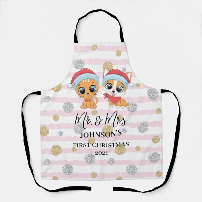 Tablier Premier Noël M. et Mme Chat et Chien Hiver (Recto)