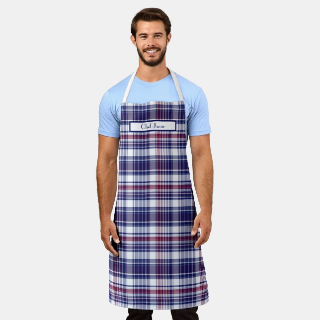 Tablier Préparatoire Multicolore Madras Bordeaux Navy Blan (Porté)