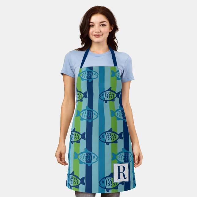 Tablier Preppy Coastal Fish Green Blue Stripe (Porté)