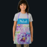 Tablier Pretty Floral Pastel Pansy Purple Cute Girls Apron<br><div class="desc">Pretty Floral Pastel Purple Blue Pansy Watercolor Painting Pattern Girl's Kitchen Apron, with a fully customizable name. Designed from my original cat illustration.</div>