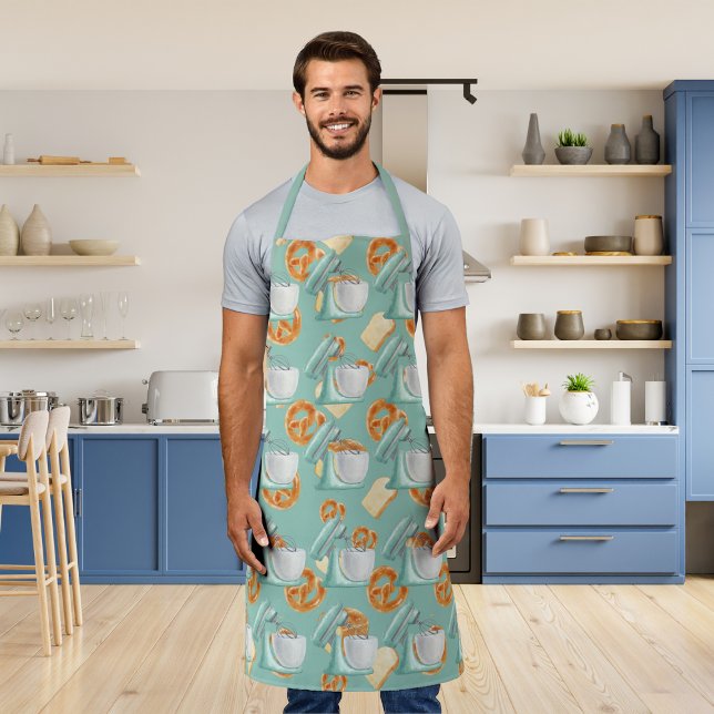 Tablier Pretzels, pain et mélangeurs vert-bleu (Créateur téléchargé)