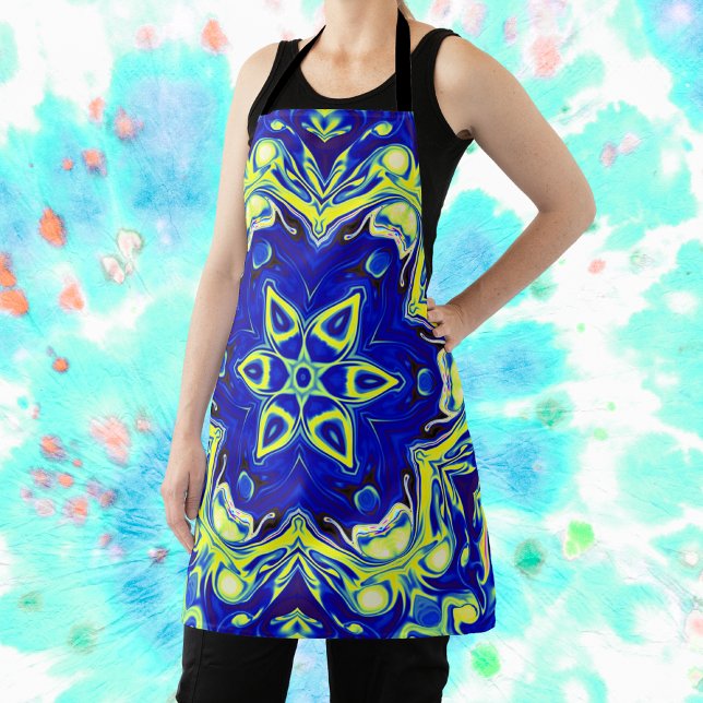Tablier Psychédélique Mandala Flower bleu et jaune (Créateur téléchargé)