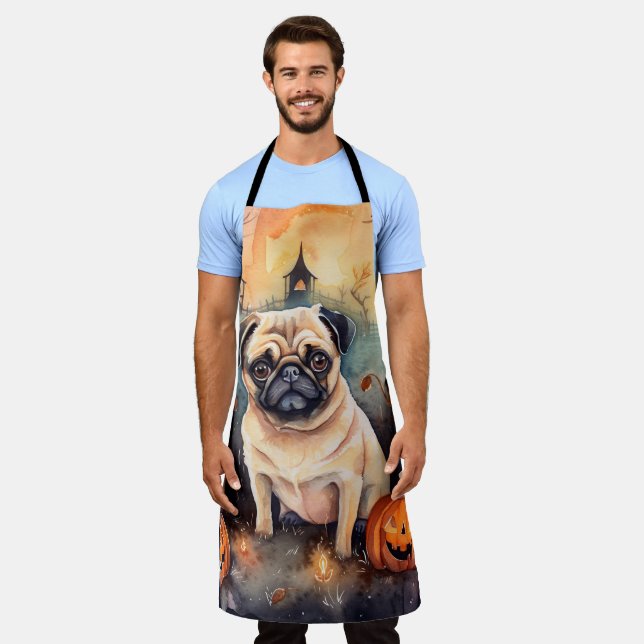 Tablier Pug d'Halloween avec citrouilles effrayant (Porté)
