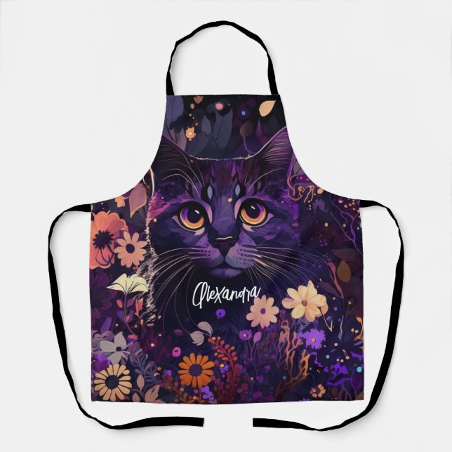 Tablier Purple et noir "Chat Floral" (Recto)