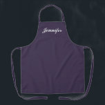 Tablier Purple Script Nom personnalisé Cuisine<br><div class="desc">Montrez votre style pendant votre cuisine avec ce script violet Nom personnalisé Kitchen Apron. Name est conçu dans un élégant script blanc centré sur devant un tablier violet solide. Idéal pour protéger les vêtements contre les taches et les déversements pendant la cuisine. Disponible en différentes couleurs. Cliquez sur l'option Personnaliser...</div>