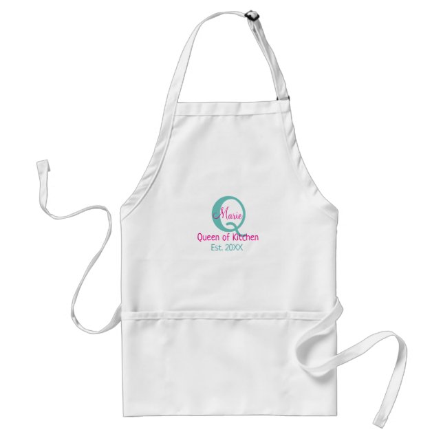 Tablier Queen of cuisine monogramme vert rose simple minim (Devant)