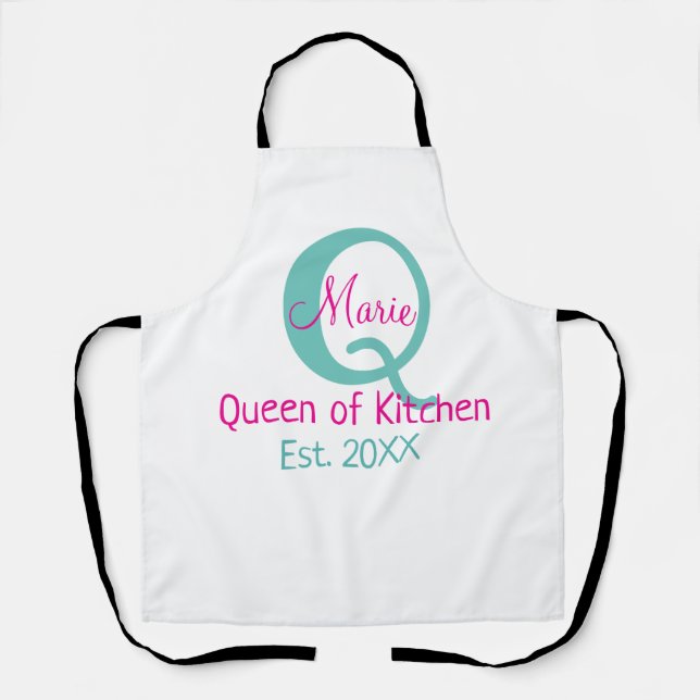 Tablier Queen of cuisine monogramme vert rose simple minim (Recto)