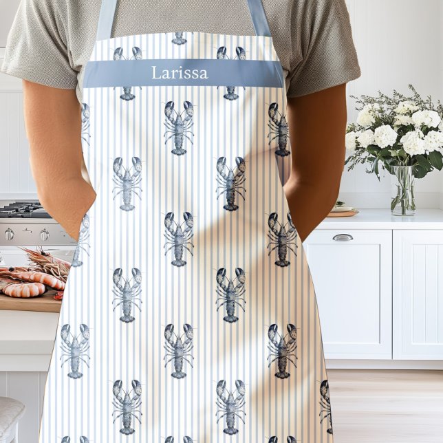 Tablier rayé bleu homard aquarelle côtier   (Lobster Stripe Apron)