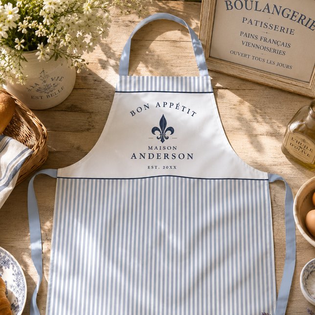 Tablier Rayure bleue de bistrot français Fleur de Lis pers (Créateur téléchargé)