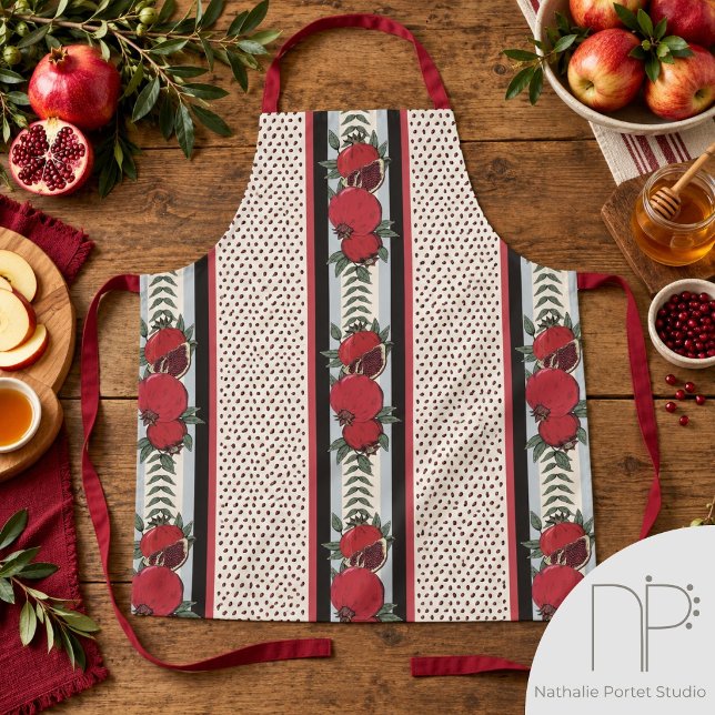 Tablier Rayure Moderne de Semence de Grenade (Modern Pomegranate Seed Stripe Apron features hand drawn fruit art for Rosh Hashanah celebrations)