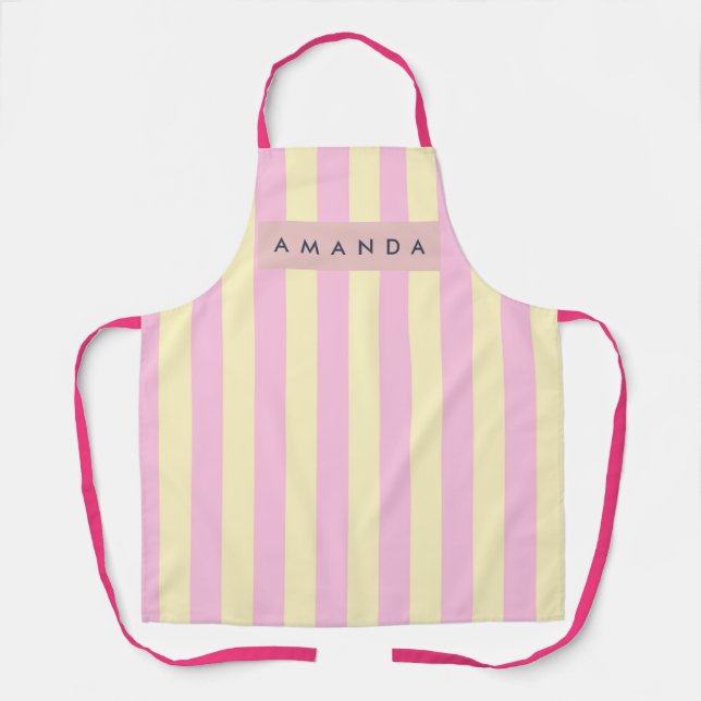 Tablier Rayure rose pastel et jaune personnalisée (Recto)