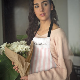 Tablier Rayures de store rose et blanc avec nom