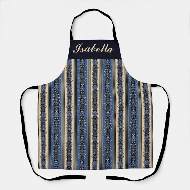 Tablier Rayures en damas bleu et or (Recto)