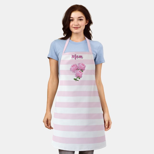 Tablier Rayures Rose Pastel avec Roses Roses "Maman"  (Porté)