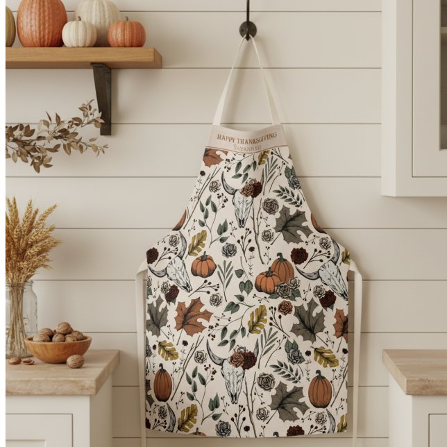 Tablier Récolte d'automne et cornes Thanksgiving Cream (Give Thanks with this Cow Skull Fall Harvest Thanksgiving Dinner Party Autumn Colors Apron for Chef)