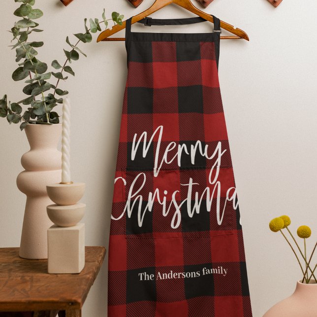 Tablier Red Buffalo Plaid & Joyeux Noël |Nom personnel (Créateur téléchargé)