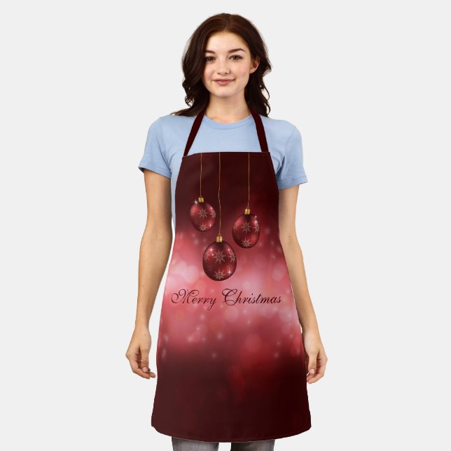 Tablier Red Festive Baubles de Noël sur Red Bokeh (Porté)