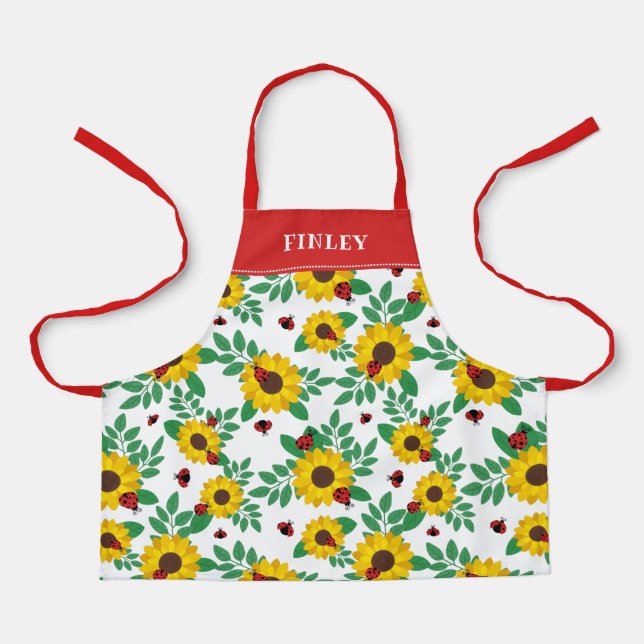 Tablier Red Ladybugs & Sunflower Motif Ajouter un nom (Recto)