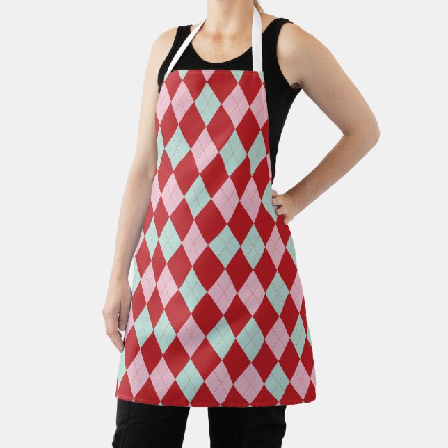 Tablier Red, Pink & Mint Christmas Argyle Apron (Insitu)