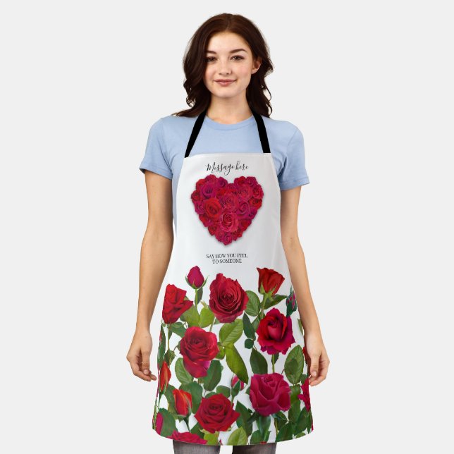 Tablier Red Rose Heart Romantic Floral Custom Text (Porté)