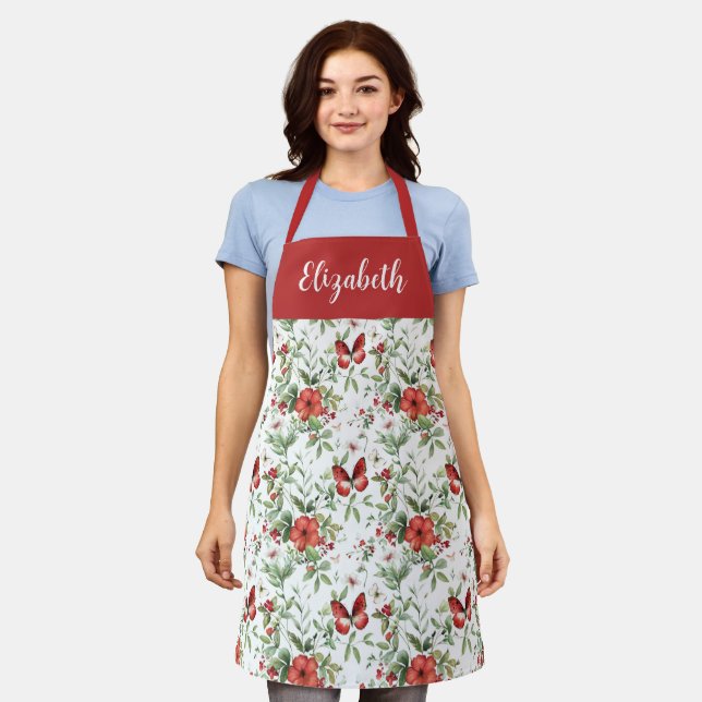 Tablier Red Watercolor Floral Custom Name (Porté)