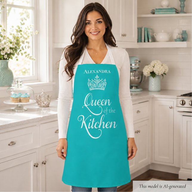 Tablier Reine adorable de la cuisine (elegant birds egg blue personalized queen of the kitchen apron with custom name monogram)
