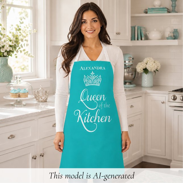 Tablier Reine adorable de la cuisine (elegant birds egg blue personalized queen of the kitchen apron with custom name monogram)