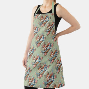 Tablier Renard floral dans un panier avec courtepointe et
