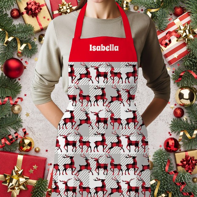 Tablier Renouveau de buffle en noir gris rouge (Buffalo Plaid Reindeers on Gray Buffalo Plaid Apron, Customize, Personalize.)