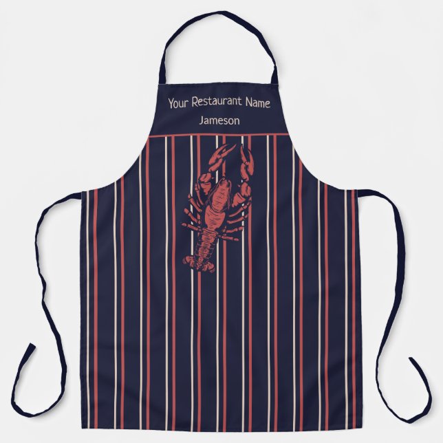 Tablier Restaurant Lobster Navy Blue Et Rayure Rouge (Recto)