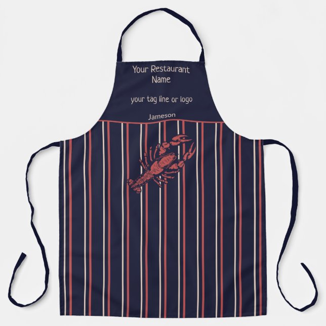 Tablier Restaurant Lobster Navy Blue et rayure rouge (Recto)