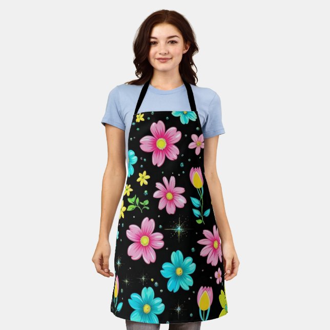 Tablier Retro Black colorful Flowers Pattern Birthday part (Porté)