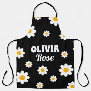 Tablier Retro Black Daisy 70's Hippie Nom personnalisé Cui