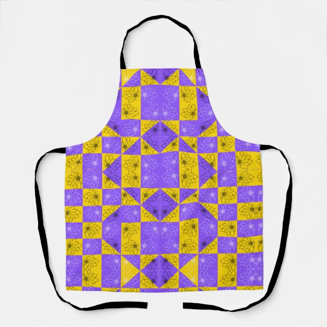 Tablier Rétro Boho Violet & Jaune Damier aux Marguerites (Recto)