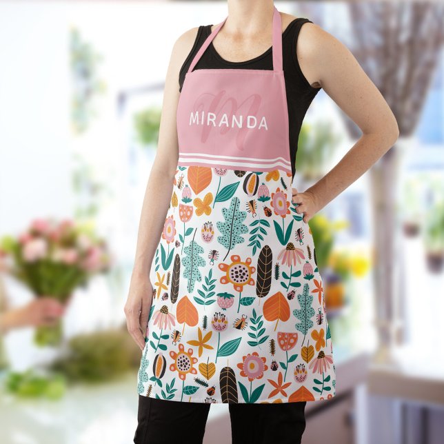 Tablier Retro Bugs & Fleurs Motif Monogramme rose (Créateur téléchargé)