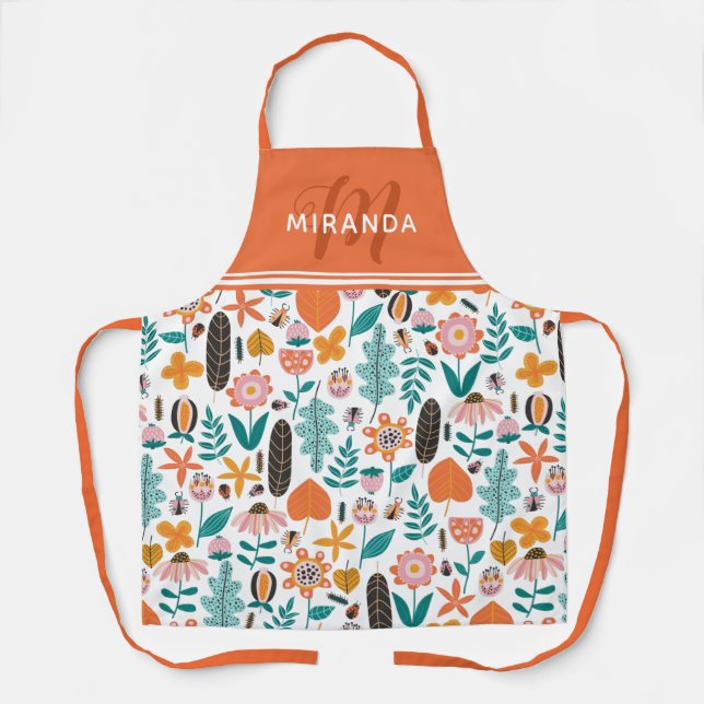 Tablier Retro Bugs & Fleurs Motif Orange Monogramme (Recto)