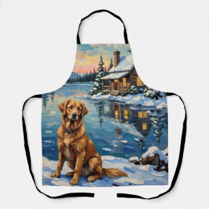 Tablier Rétro Golden Retriever au Noël au bord du lac