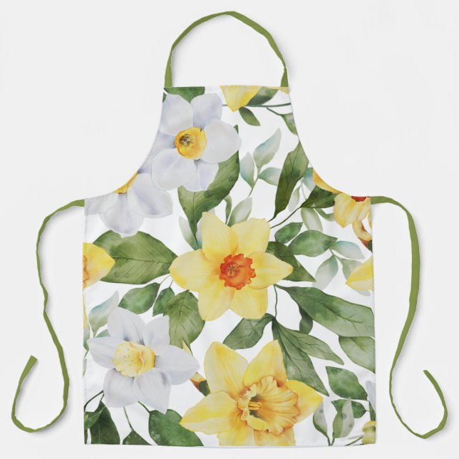 Tablier Retro Jaune et Blanc Daffodique Floral Impression (Recto)