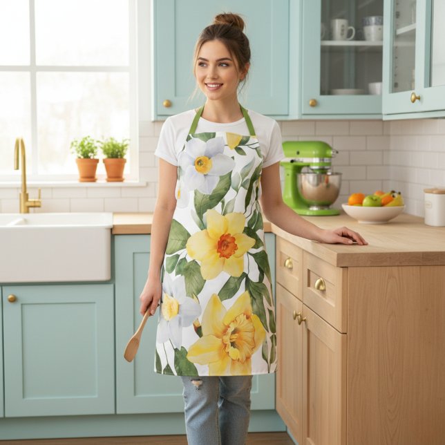 Tablier Retro Jaune et Blanc Daffodique Floral Impression (Retro Yellow and White Daffodil Floral Print Apron)