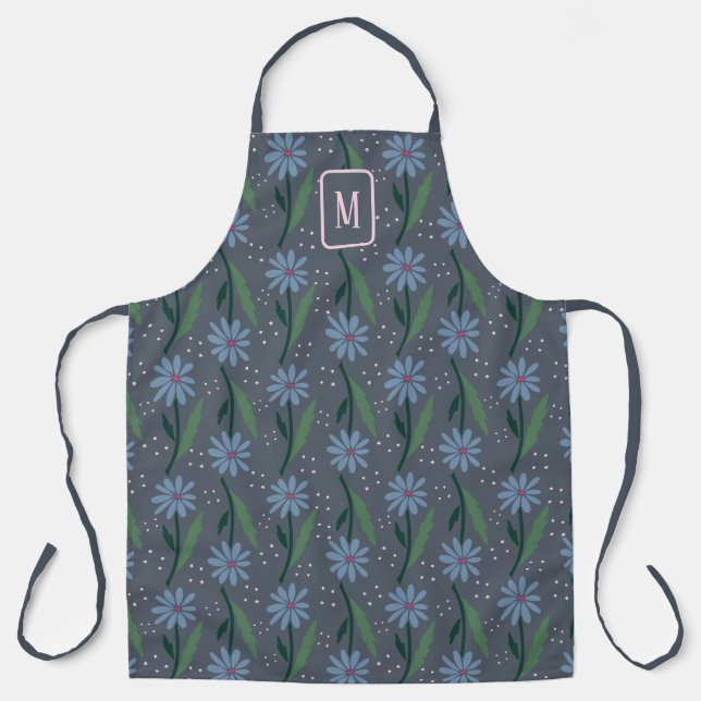 Tablier Retro Moderne Monogramme de Marguerite Bleue Cotta (Recto)