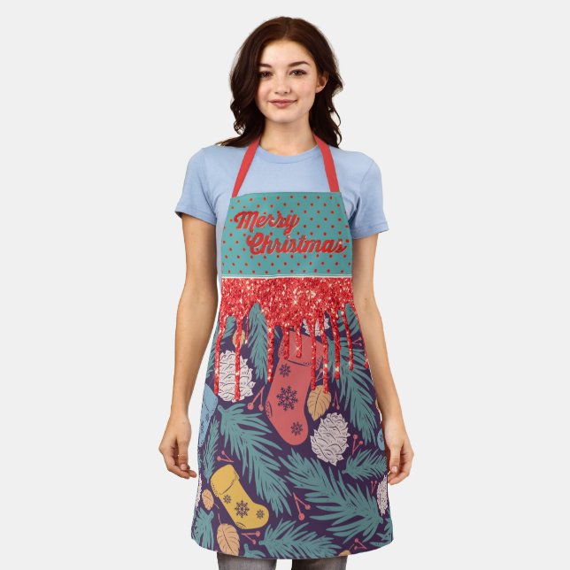 Tablier Retro Noël Imprimer Parties scintillant rouge et o (Porté)