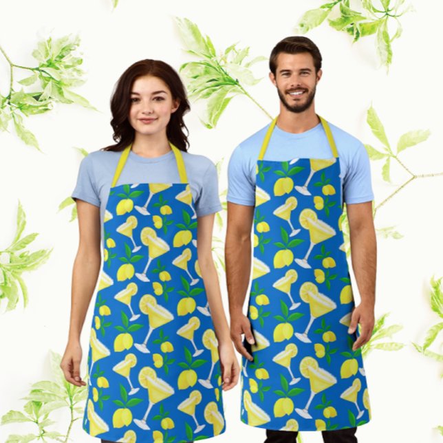 Tablier Retro Preppy Yellow Lemons Lemon Drops on Blue (Fun lemon drop apron available in S M L)