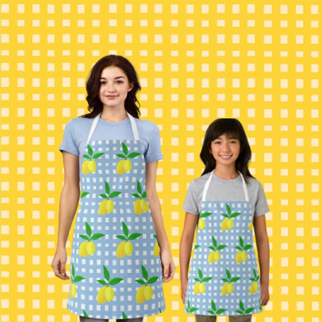 Tablier Retro Sunny Yellow Lemon Blue White Check (Fun lemony aprons in 3 sizes.)