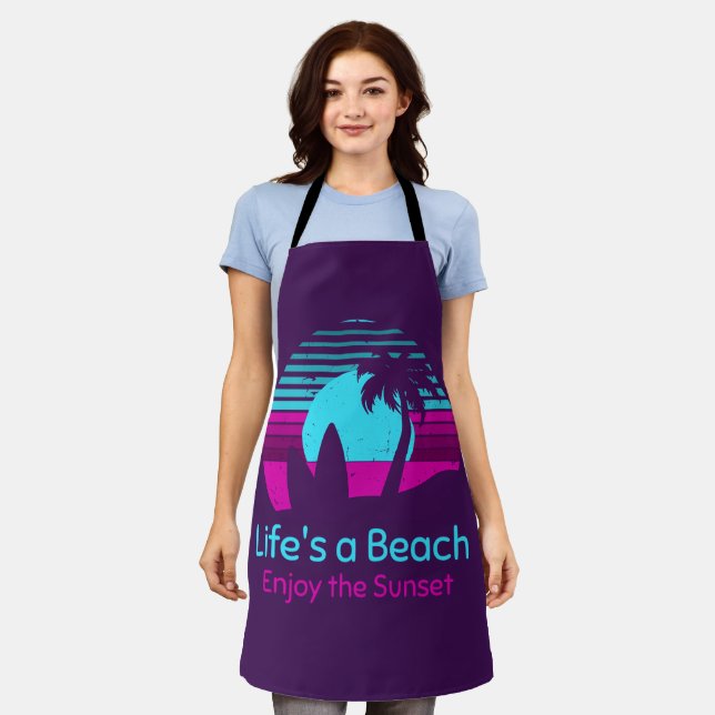 Tablier Retro Sunset Surfboard Palm Tree Life's a Beach (Porté)