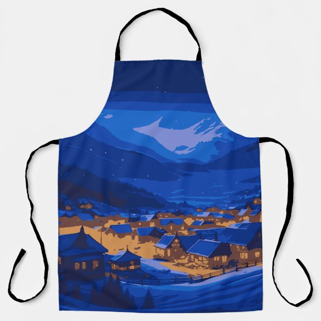 Tablier Retro Village Mountain Blue Gold Paysage (Recto)