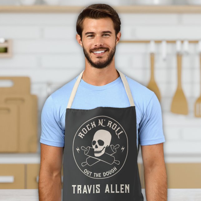 Tablier "Rock n'Roll" Drôle Chef pâtisserie et Cuisine hom ("rock n roll" funny mens apron with customizable name & text gift for men dad grandpa cook chef bbq)